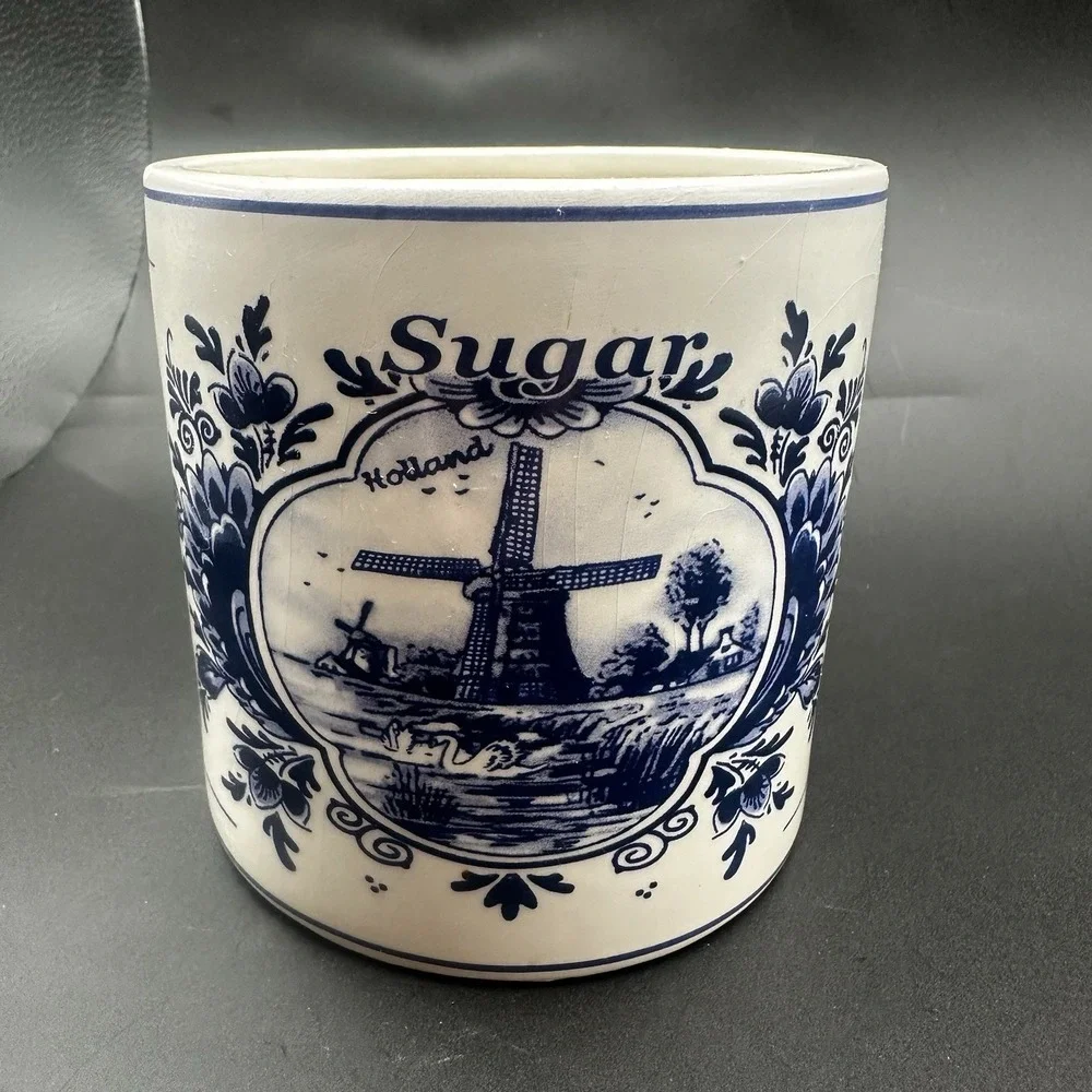 Delft Blue Sugar Canister Ceramic Windmill Untensil Holder Cottage Decor GUC
